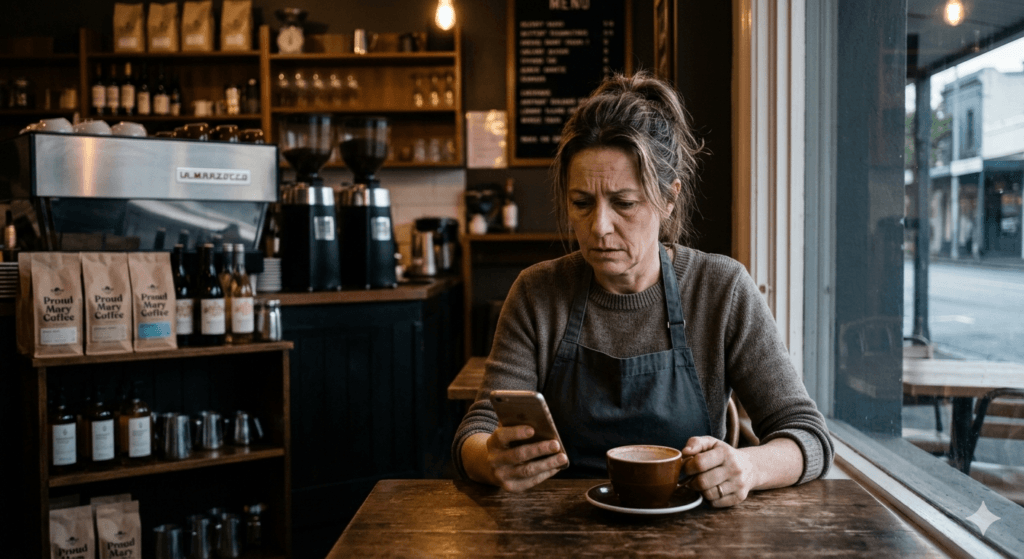 Australian café owner checking fake Google reviews on phone