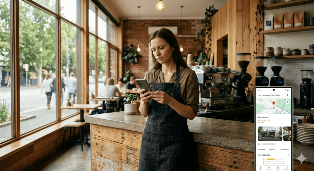 Café owner checking Google Maps on phone at café counter
