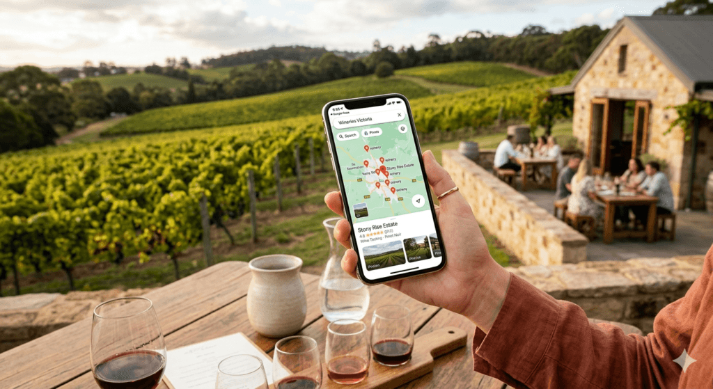 Guest looking at a vineyard while checking Google Maps.