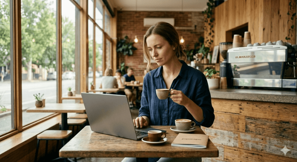 Restaurant owner reviewing Google Business Profile on laptop in café