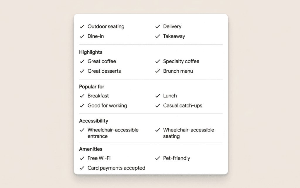 google business profile attributes examples for cafe