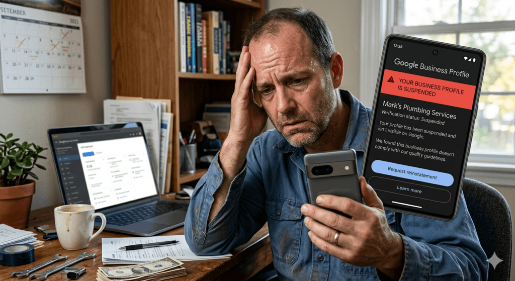 stressed maN LOOKING AT HIS BUSINESS GOOGLE LISTING SUSPENSION