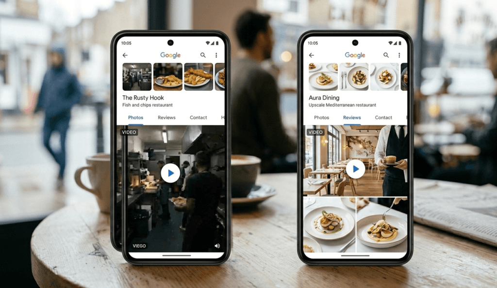 Two phones displaying restaurant videos