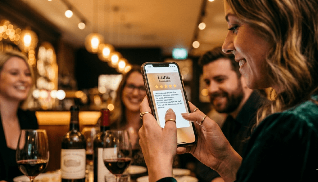 a person at the restaurant is writing a positive google review