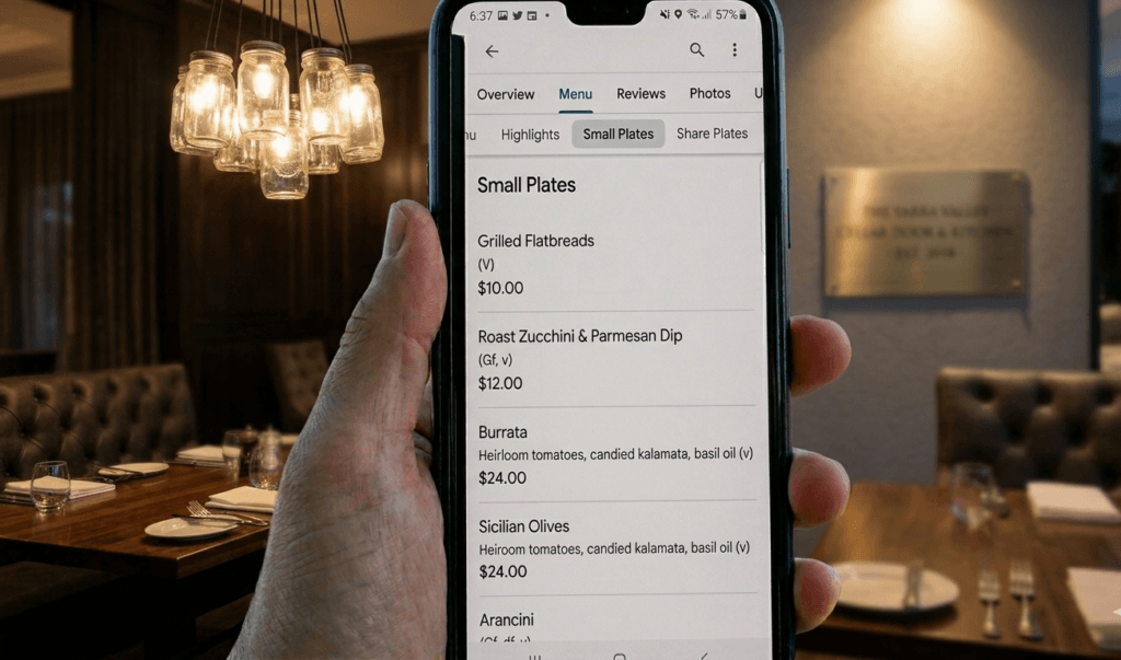 restaurant menu google business profile