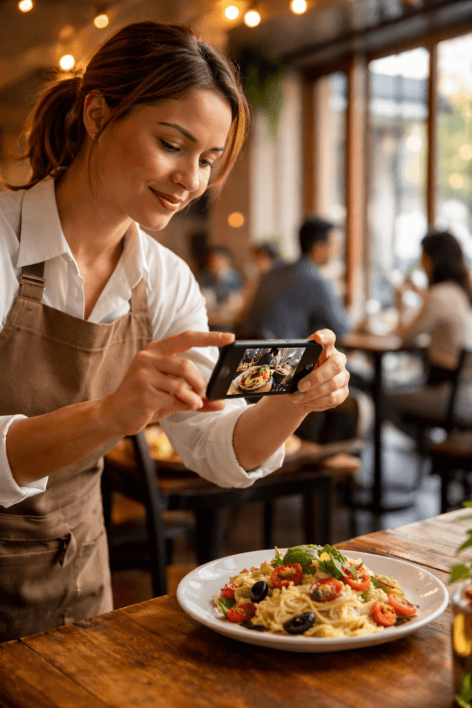 restaurant owner is filming video of dish on her phone 