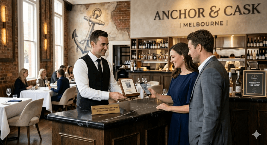 waiter is asking to leave a google review at the melbourne restaurant